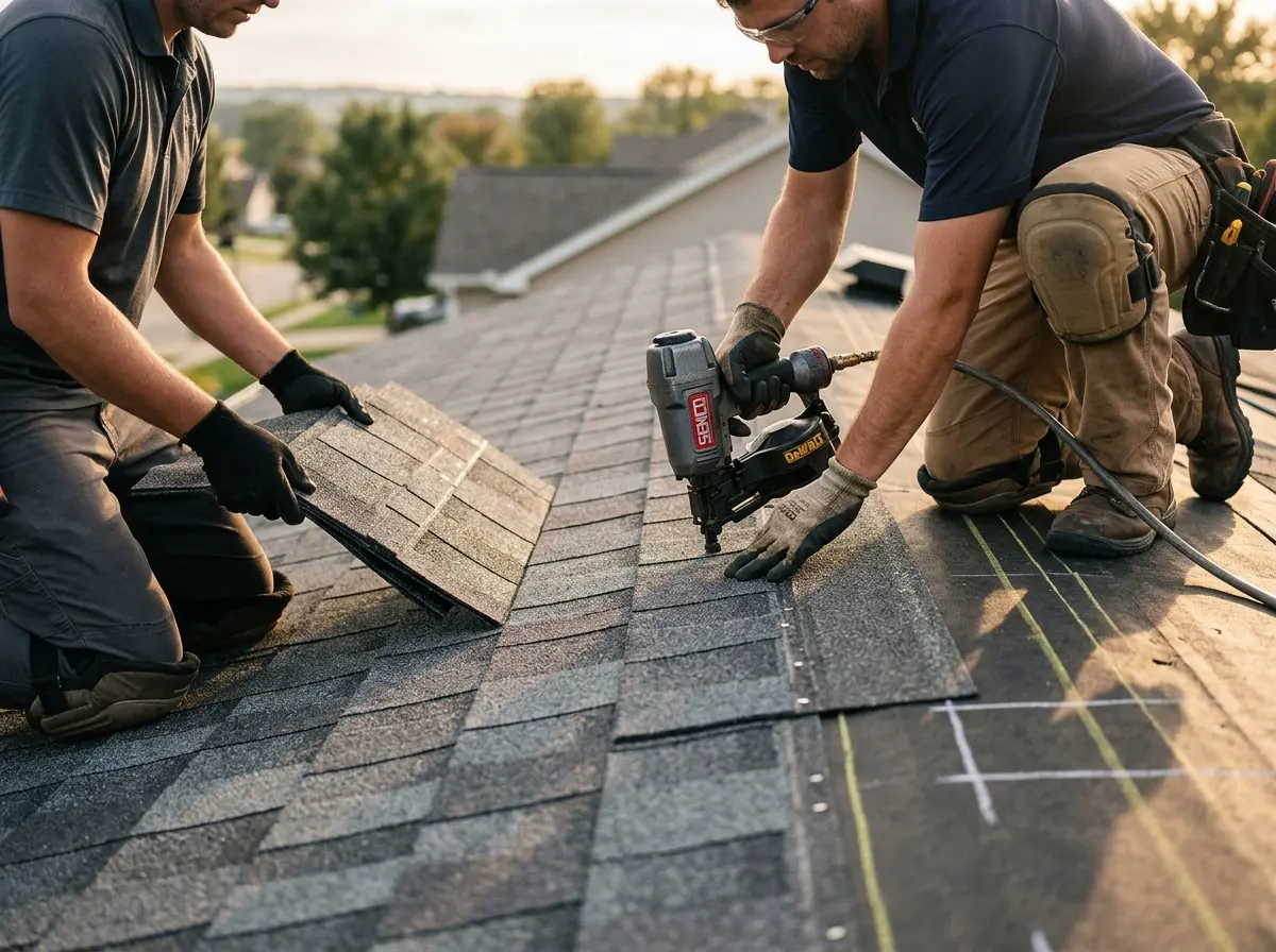 Professional roofer working on a residential roof in Bayou Blue